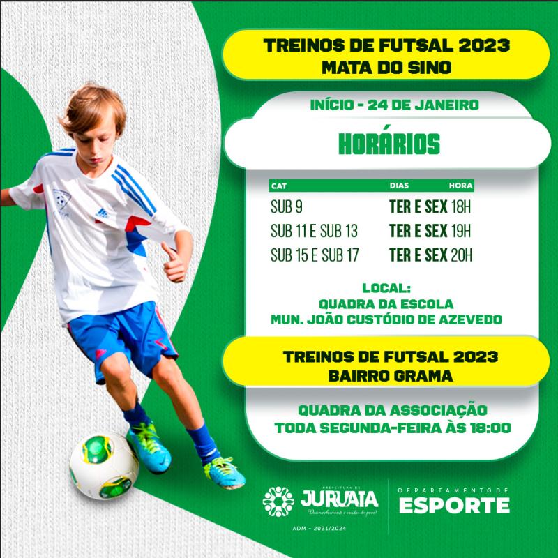 ATENÇÃO PARA OS HORÁRIOS DOS TREINOS DE FUTSAL 2023: Distrito Mata do Sino e Bairro Grama