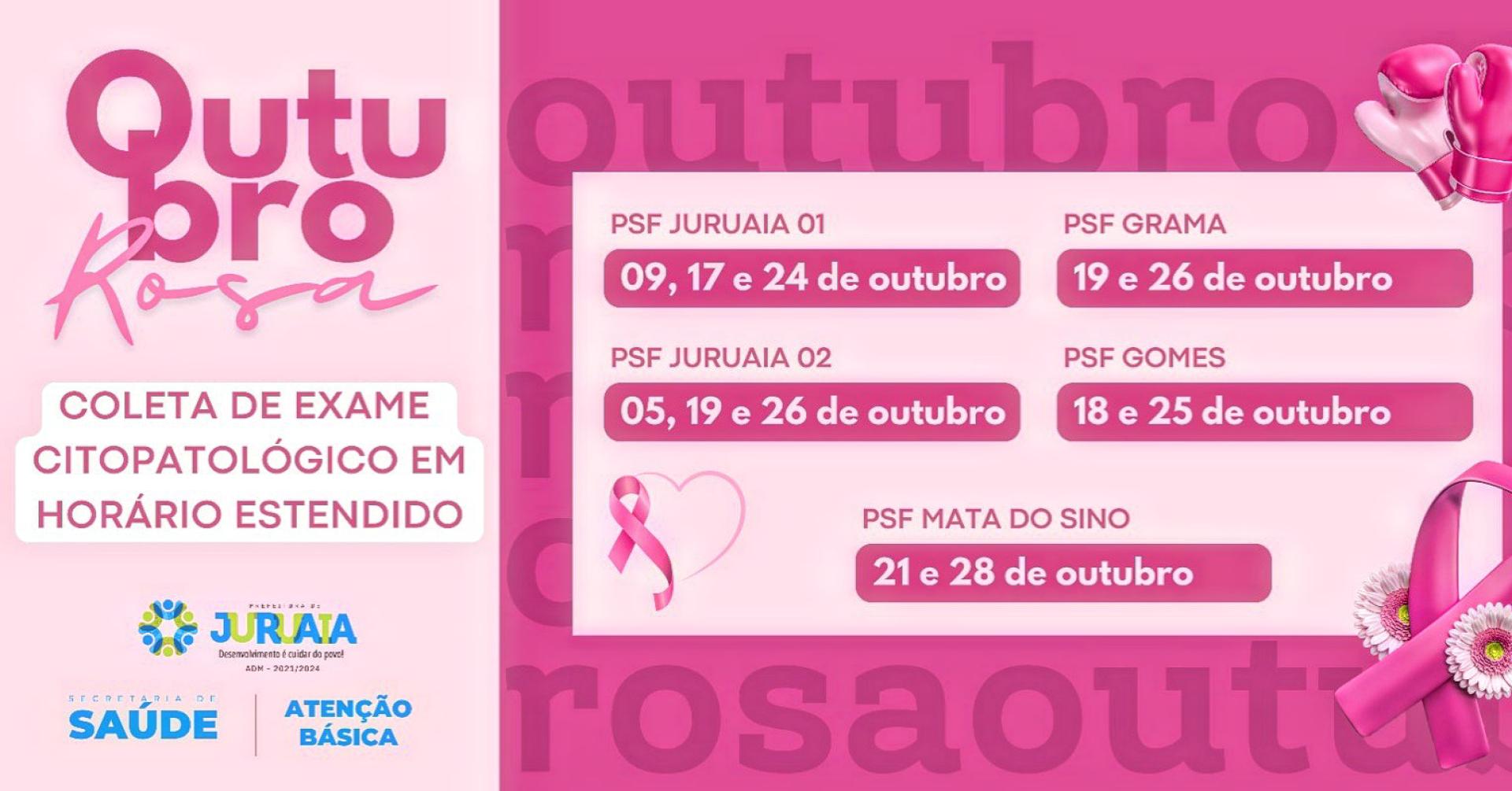 OUTUBRO ROSA: UNIDADES DE SAÚDE DE JURUAIA REALIZAM AÇÕES DE CONSCIENTIZAÇÃO E PREVENÇÃO DOS CÂNCERES DE MAMA E DO COLO DO ÚTERO, EM HORÁRIO ESTENDIDO.