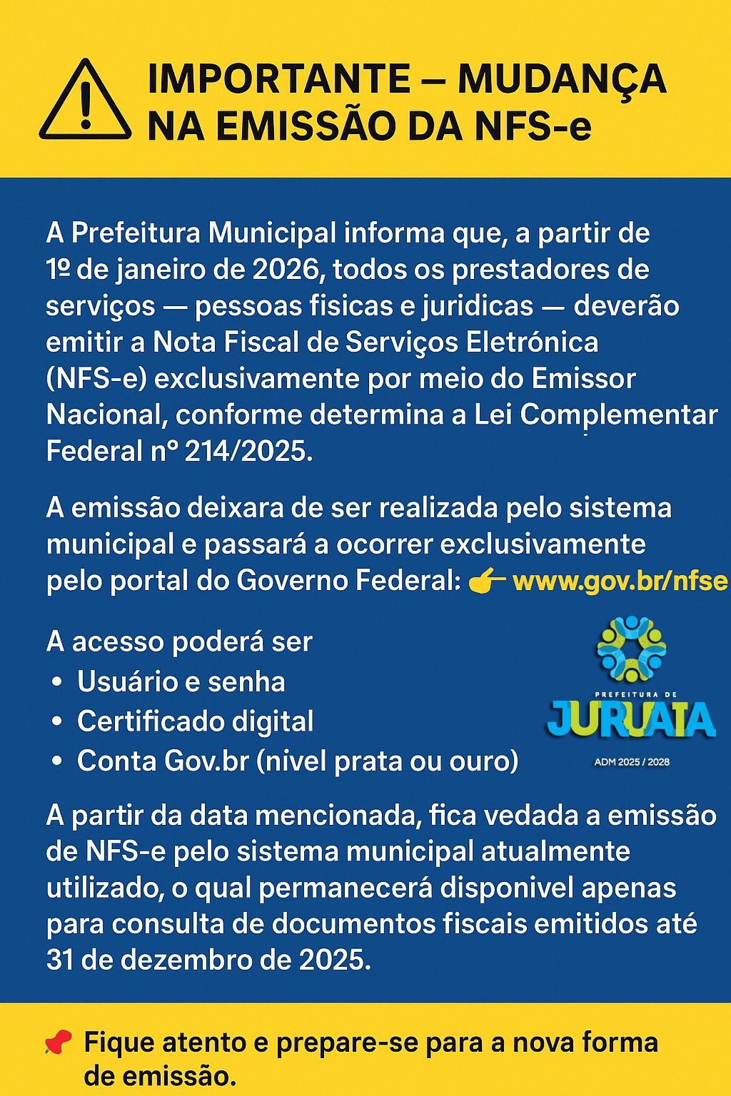 Município adota Emissor Nacional para Nota Fiscal de Serviços Eletrônica a partir de 2026