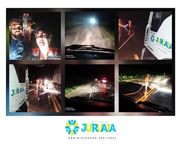 Prefeitura de Juruaia e Defesa Civil Municipal auxiliam na limpeza da BR 146 após carga de milho cair na pista