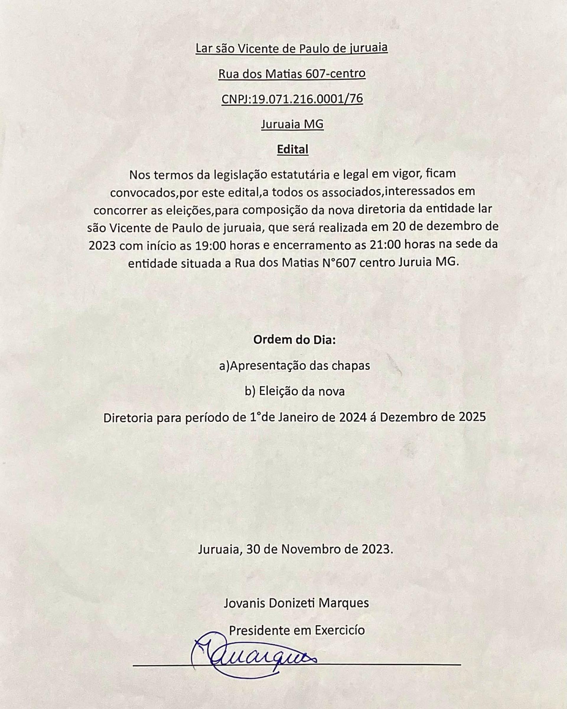 COMUNICADO - LAR SÃO VICENTE DE PAULO DE JURUAIA