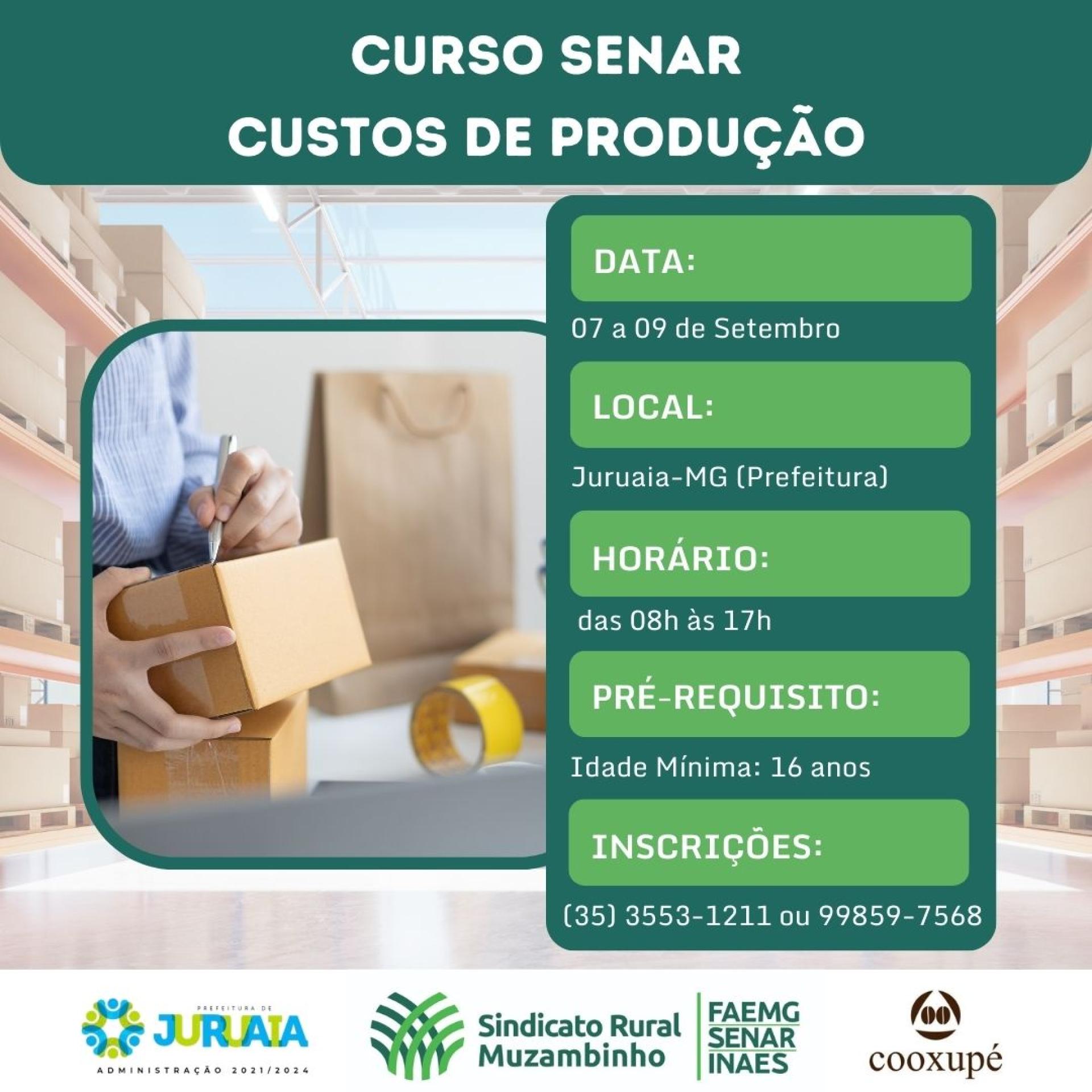 INSCRIÇÕES ABERTAS PARA O CURSO DO SENAR: CUSTOS DE PRODUÇÃO