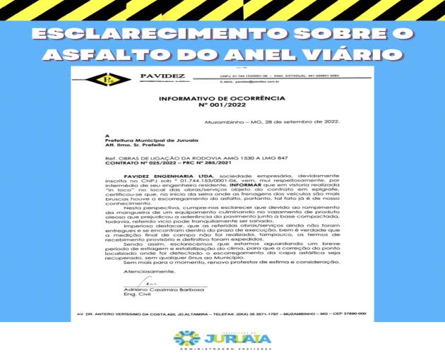 ESCLARECIMENTO SOBRE O ASFALTO DO ANEL VIÁRIO